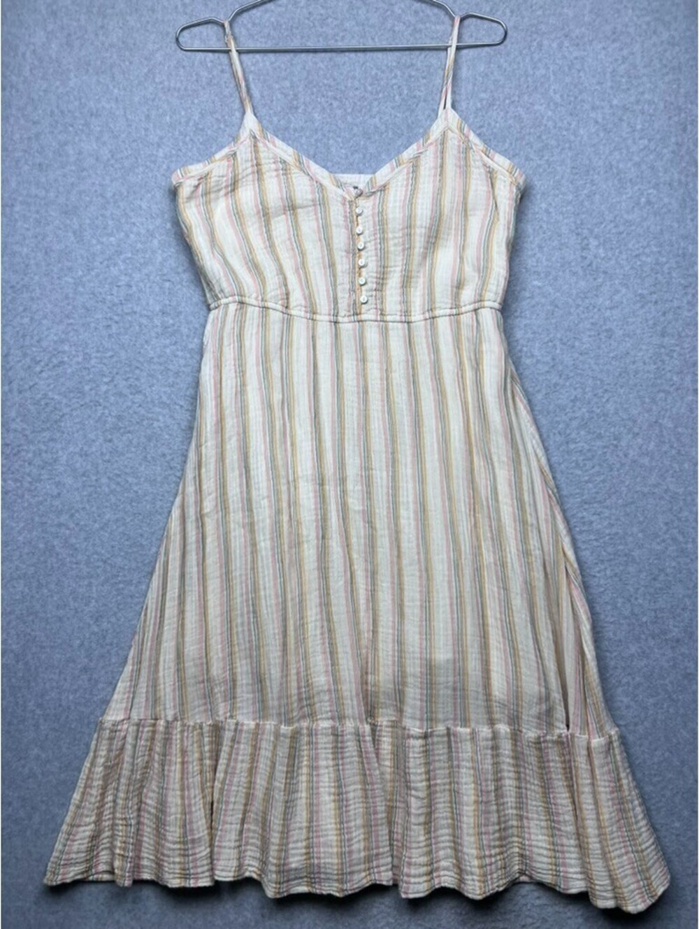 Aerie Striped Gauze Dress Womens L Button Front Ruffle Midi Sundress Summe